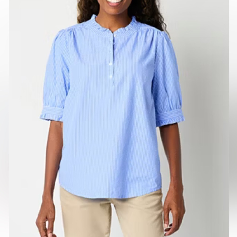 St. John's Bay Light Blue Striped Ruffle Crew Neck Blouse spring summer